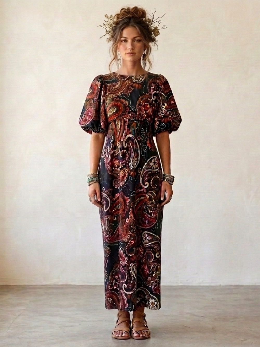 NWT Kachel Paisley Empire Waist Puff Sleeve Maxi Dress Sz XS Boho Chic Festival